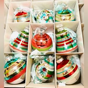 9 Radko Christmas Reflector Teardrop Bell Ball Glass Ornaments Glitter Stripes